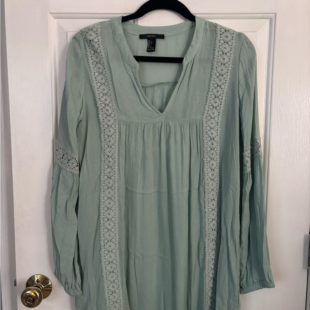 Sage Long Sleeve Dress with Lace Detail